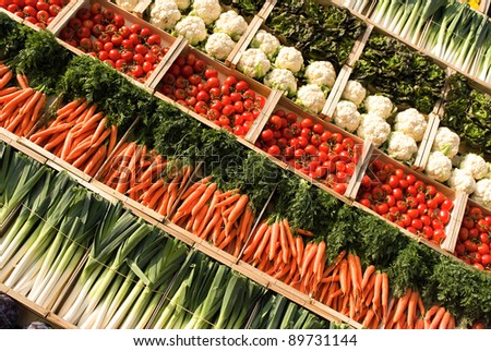 many fresh, different types of vegetables on market