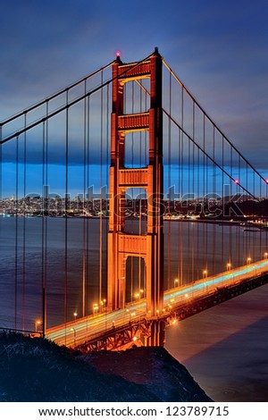 famous Golden Gate Bridge and San Francisco lights at sunset