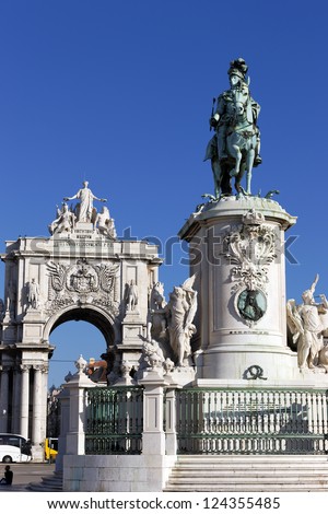 famous statue and arch on commerce square in Lisbon, Portugal