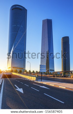four modern skyscrapers at sunrise(Cuatro Torres) Madrid, Spain