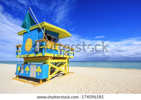 Miami Beach Florida, lifeguard house in a typical colorful Art Deco style