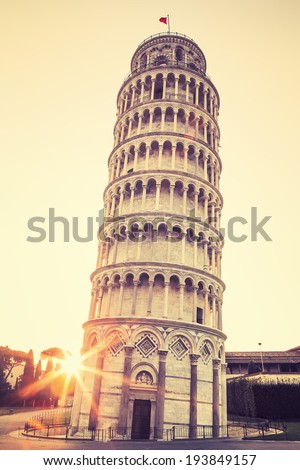 Pisa leaning tower at sunrise, Italy. Special photographic processing