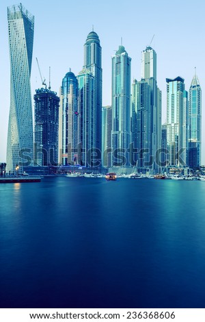DUBAI, UAE - NOVEMBER 27: Modern buildings in Dubai Marina, Dubai, UAE. In the city of artificial channel length of 3 kilometers, taken on 27 November 2014 in Dubai.
