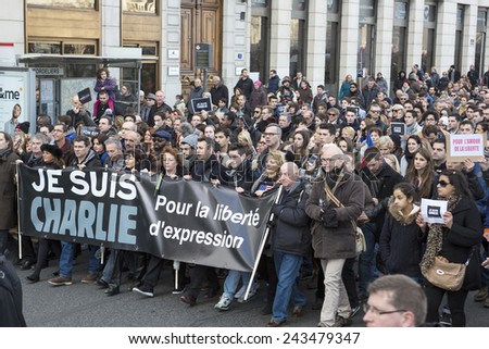 LYON, FRANCE - JANUARY 11, 2015: Anti terrorism protest after 3 days terrorist attacks with people dead in Paris France, European Capital