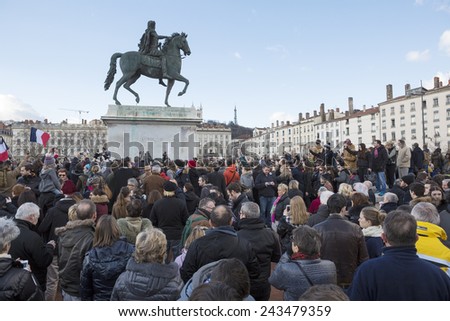 LYON, FRANCE - JANUARY 11, 2015: Anti terrorism protest after 3 days terrorist attacks with people dead in Paris France, European Capital