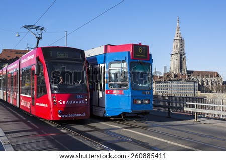BERN, SWITZERLAND - MARCH 6: Capital city of Bern with tramway on March 6, 2015.
