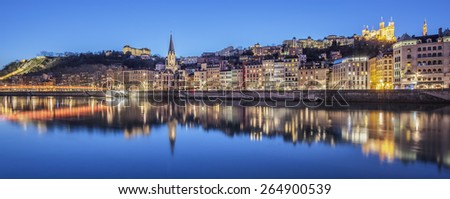 LYON, FRANCE, March 12, 2015 : Panoramic view of Lyon with Saone river by night, Lyon, France.