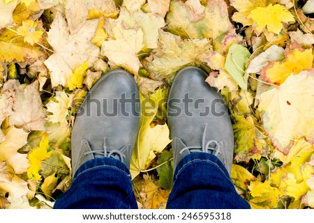Young woman standing in the gray shoes in the fallen leaves