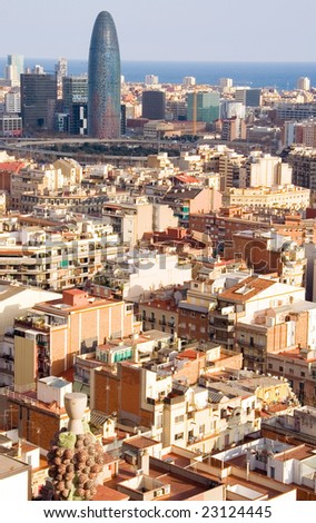 Bird view of the Agbar Tower in Barcelona (Spain), seen from Sagrada Familia