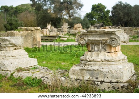 Ancient columns in Archea Olympia, the site where the Olympic Games were held in classical times. Peloponnese, Greece