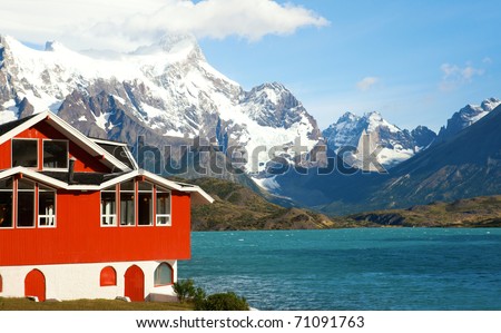 Lake house. Hotel Pehoe on the shore of Pehoe lake in Tprres del Paine national park, Chile, South America