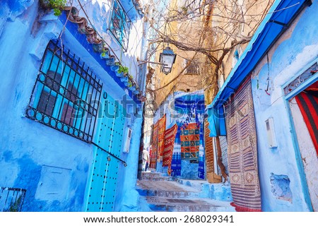 Street in Medina of Chefchaouen, Morocco, small town in northwest Morocco known for its blue buildings