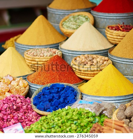 Selection of spices on a traditional Moroccan market (souk) in Marrakech, Morocco