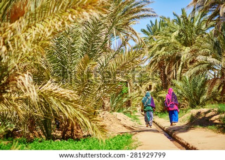 Two berber women in national clothes walking in oasis of Merzouga village in Sahara desert, Morocco