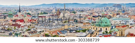 Aerial scenic panoramic view of city center of Vienna seen from St. Stephen\'s Cathedral in Austria