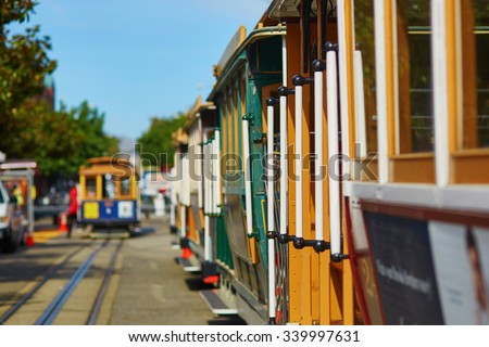 Hand-rails of famous cable cars in San Francisco, California, USA