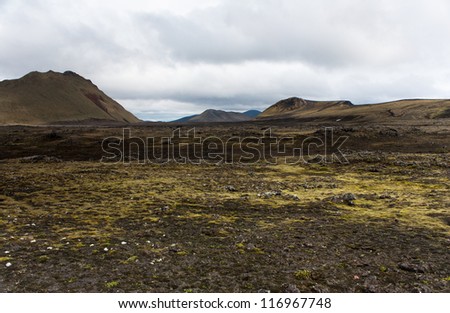 Expansive moss-covered lava field and mountains,Landmannalaugar, Iceland
