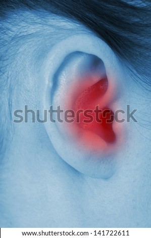 sore the human ear, shown red, isolated on white background