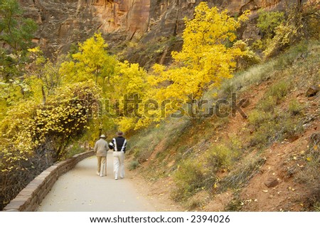 A motion-blurred elderly couple is strolling on the path to Temple of Sinawava in Zion NP.