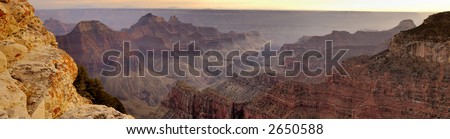 Panorama of Grand Canyon from Bright Angel Viewpoint shot at sunset
