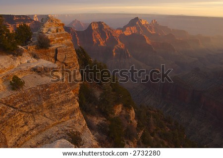 The Wotan Throne lit by setting sun. Grand Canyon, North Rim, Bright Angel Viewpoint.