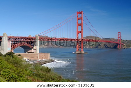 Golden Gate Bridge and Fort Point on a fine spring morning shot from Fort Point viewpoint in San Francisco, California.