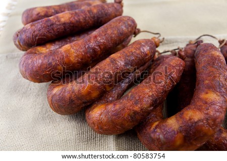 Close up view of some traditional Portuguese chorizo on a table