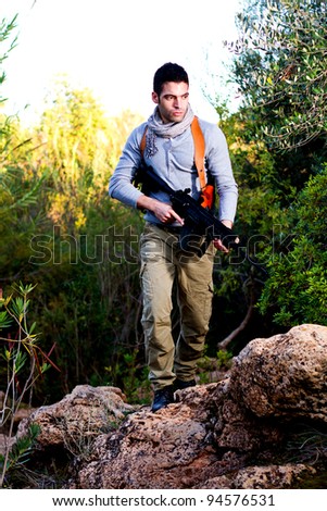 View of an treasure hunter, jungle adventurer type man.