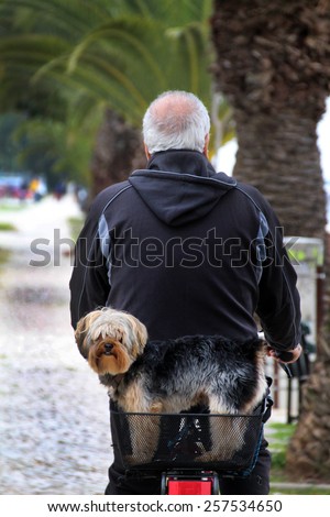 View of a senior man walking on a bicycle with is pet dog.