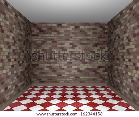 Empty room with tiles on the floor and wall brick