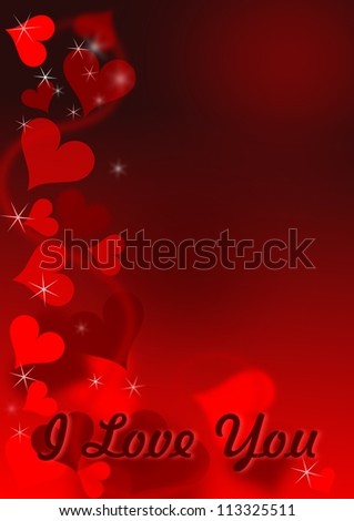 Valentine card with I Love You sign and red hearts in background.