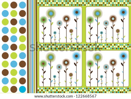 Abstract background with dots, stripes and flowers in retro style