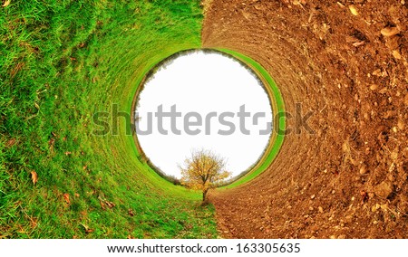A tunnel panorama with half a field worked by farmers. Stereographic panoramic projection