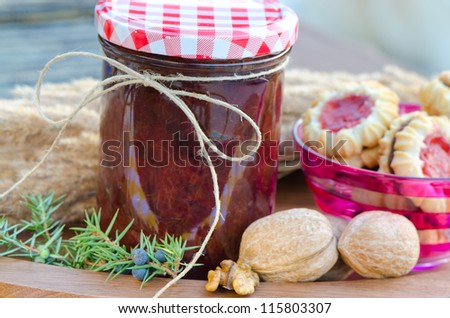 home made raspberry jam with home made healthy cookies