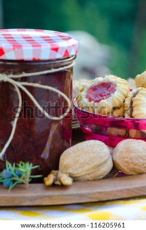home made raspberry jam with home made healthy cookies