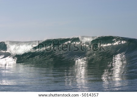 A wave breaks on a shallow coral reef at a surf break in Samoa.