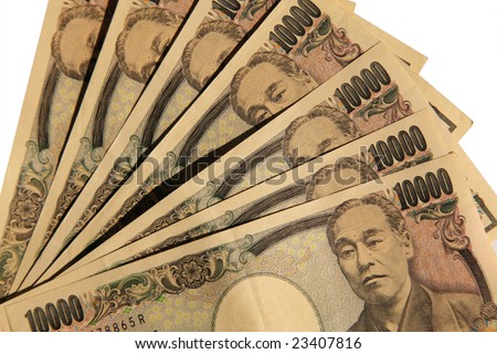 A pile of 10000 Japanese Yen notes isolated on white
