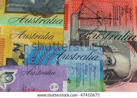 Close up of various Australian dollar notes. Focus on \