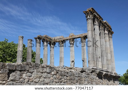 The ancient remains of the Roman Temple of Evora (referred to as the Temple of Diana.)  This Corinthian style temple has become the iconic landmark in the Portuguese City of Evora.