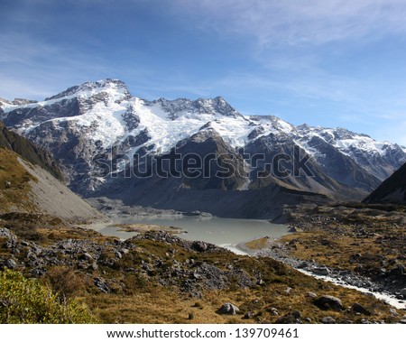 The Hooker river and Valley in New Zealand\'s Southern Alps. The photo shows the Hooker Valley and River - Mount Sefton - The Footstool - Huddlestone Glacier.