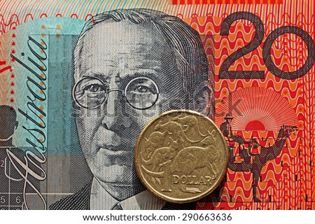 Australian twenty dollar note and one dollar coin