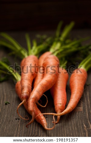 Raw carrots on dark wooden table. Shallow depth of field