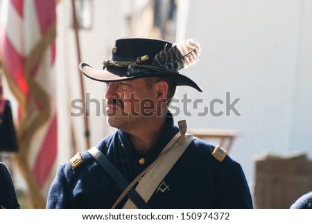 GETTYSBURG, PENNSYLVANIA - JULY 6: A Union commander waits for battle during the second day of the Reenactment of the 150th Anniversary of the Battle of Gettysburg in 2013.