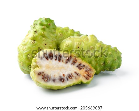 Noni Indian Mulberry fruit on white background