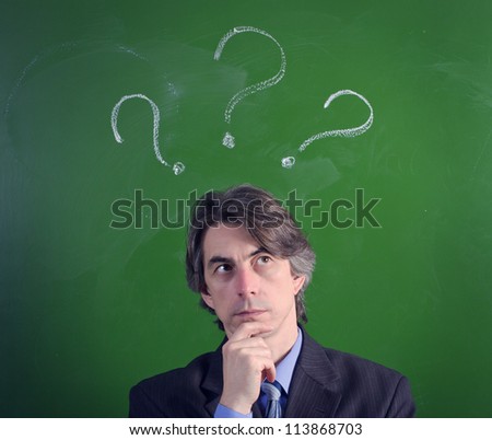 A man with an expression of questioning and question marks over their heads