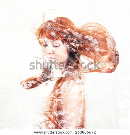 Portrait of a young woman with the effect of double exposure.