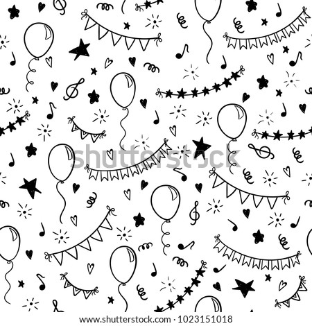 seamless pattern hand drawn doodle cartoon objects and symbols of birthday party. design holiday greeting card and invitation of wedding, Happy mother day, birthday, Valentine s day and holidays.