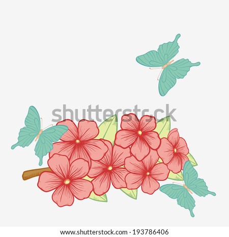 Beautiful background with branches of flowering trees and butterflies. Hand-drawn contour lines and strokes. for greeting card and invitation. Additional vector format in the profile of the artist