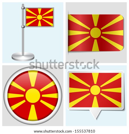Macedonia flag - set of various sticker, button, label and flagstaff