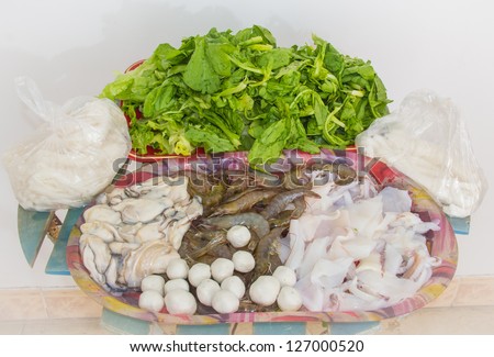 shrimp,vegetables,oyster,fish ball,sleeve-fish and Zen Yai--a classic one for hotpot in South China